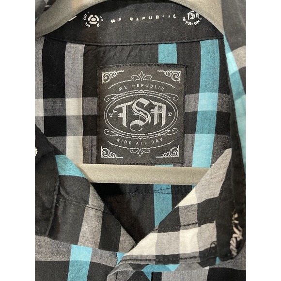 MX Republic Mens Button Up Short Sleeve Shirt White Blue Black Plaid Size Large - Picture 2 of 7